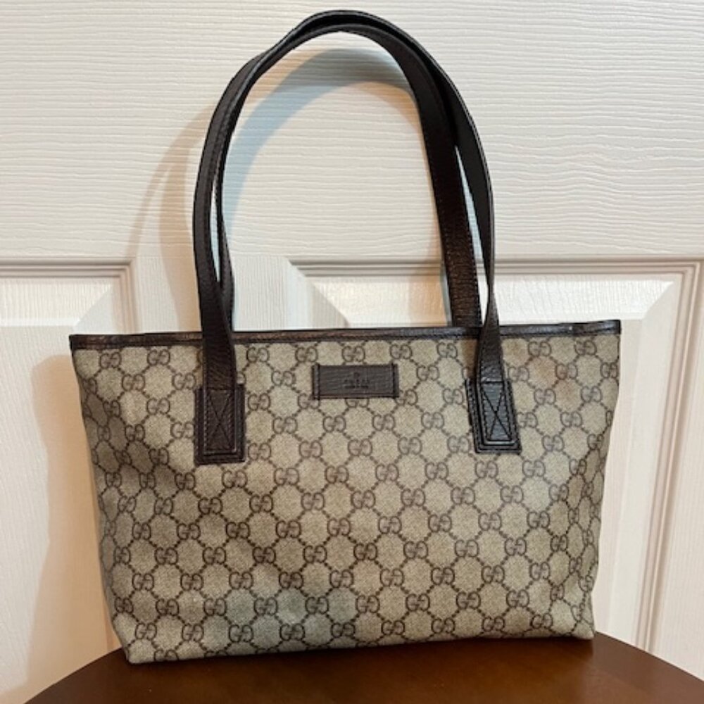 Gucci GG Supreme Canvas Tote Bag - Beige Brown Zip Top Silvertone - NWT